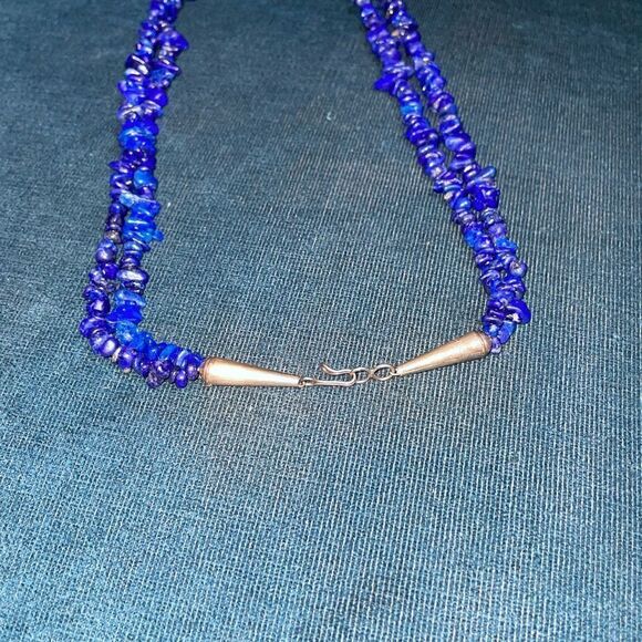 Native American Double Strand Lapis with Stamped Sterling Clasp - Picture 5 of 9